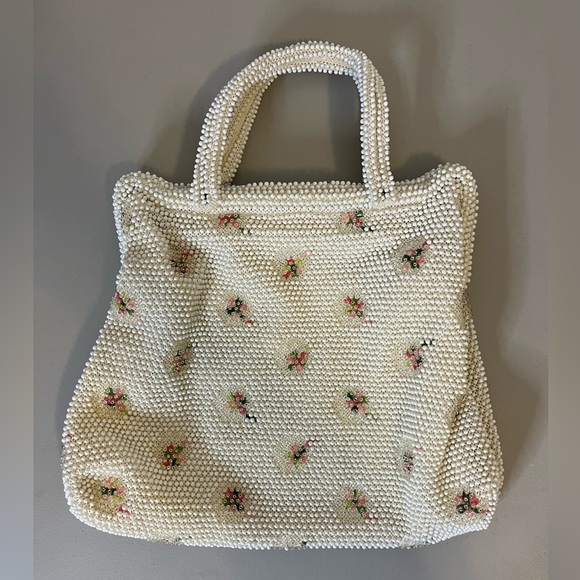 Corde' Bead Brand Handbags - Vintage 1950s Beaded Ivory, Floral Design Corde' Bead Brand Purse